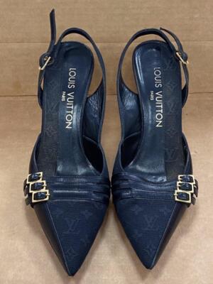 Louis Vuitton MONOGRAM OPEN BACK STRAP BLACK PUMPS SIZE 36- USED