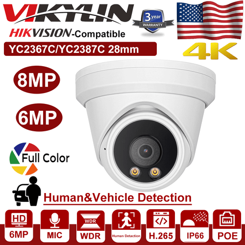 Hikvision Compatible 4K 8MP 6MP ColorVu IP Camera MIC Full Color POE Security 