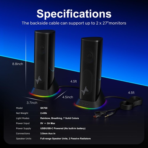 Nylavee Altoparlanti per Computer - Altoparlanti per PC Stereo Hi-Fi con 9 Modalità di Illuminazione LED... - Foto 7 di 7