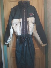 SORRY mens Medium ski suit one-piece vintage with folding hood clip belt