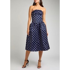 Self Portrait Polka Dot Midi Dress Womens 8 Strapless Satin Navy White Cocktail