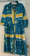 Samantha Sung “Audrey” Blue Yellow Fit & Flare 100% Cotton Shirt Dress Size 8