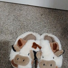 Women's Cow Animal Face Faux Fur Slip-On Slippers White Brown Black 36-37