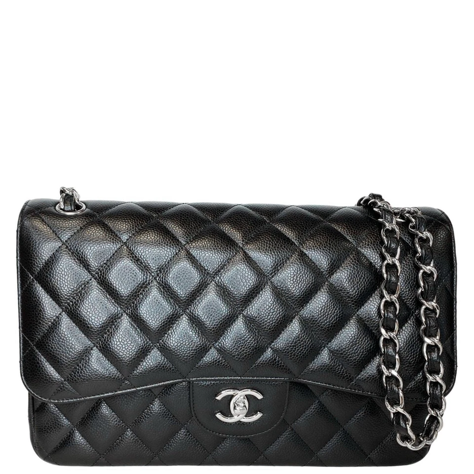 CHANEL Jumbo Double Flap Quilted Caviar Leather Shoulder Bag Black