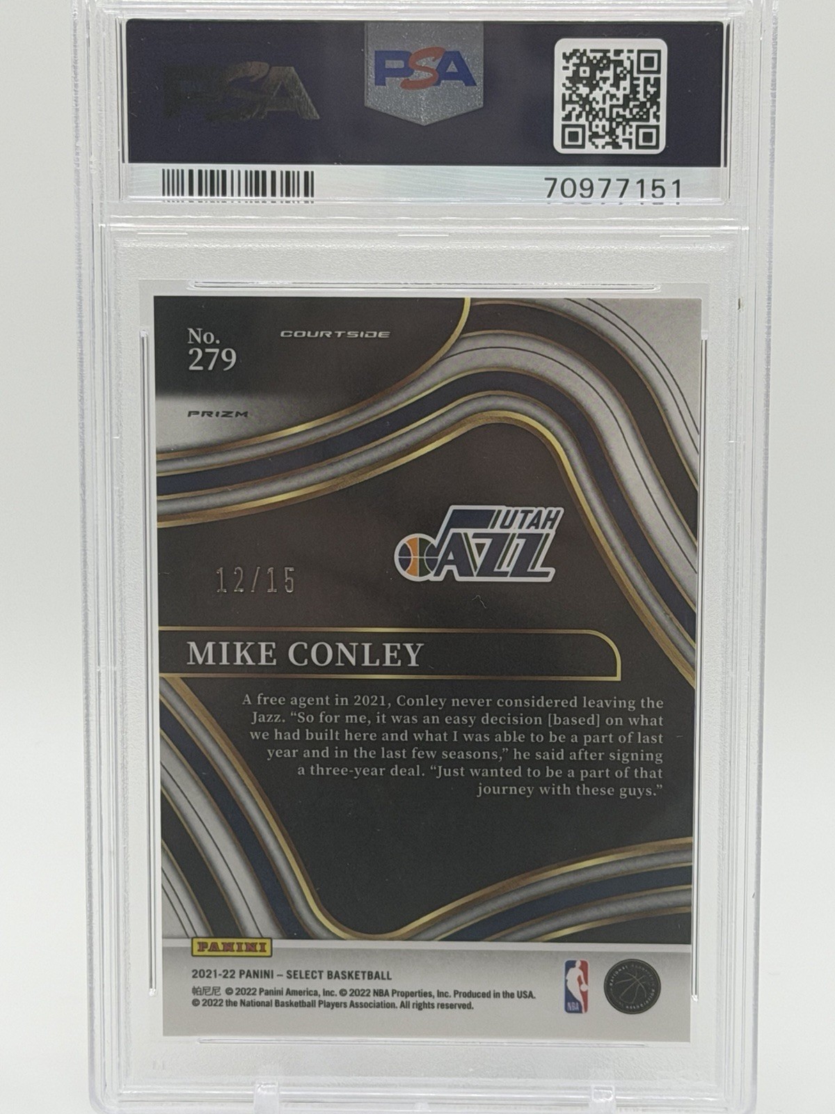 2021-22 Select PSA 10 Mike Conley Courtside Neon Orange Pulsar Prizm /15 Jazz view 2