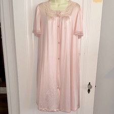 Vintage Vanity Fair Pink Nylon Short Sleeve Robe with Lace Trim at Neck