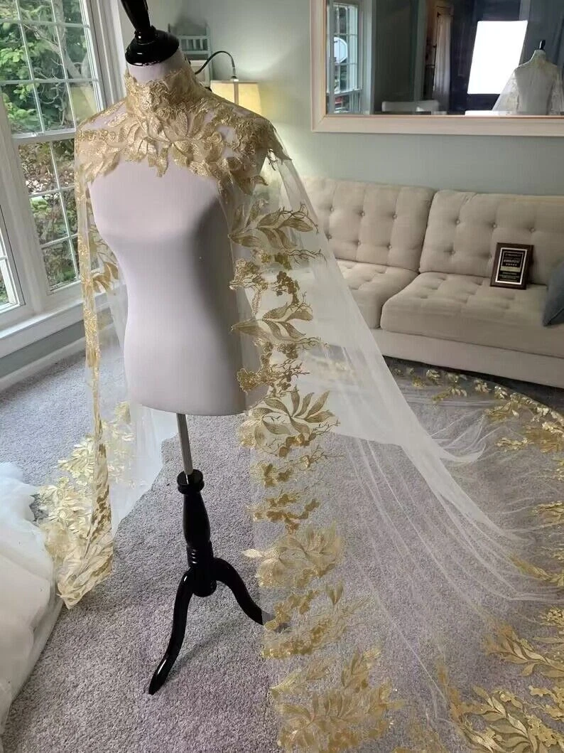 Gold Appliques Lace Wedding Capes Bridal Cloaks High Neck 3 M Wedding Shawl  Cape