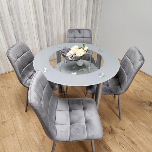 Set Tavolo da Pranzo Rotondo in Vetro con 4 Sedie Grigio Cucina Moderna Camera