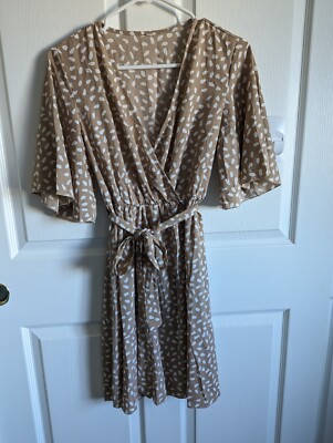 Beige spotted wrap midi dress tie waist wide sleeves 3/4 knee length v-neck  thi | eBay