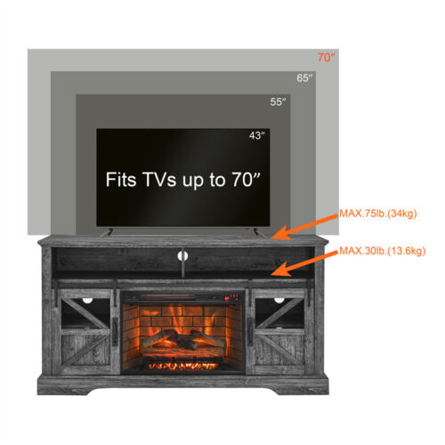 60" Electric Fireplace 1500W TV Stand w/ Door Sensor Dark Rustic Oak Remote - Picture 7 of 16