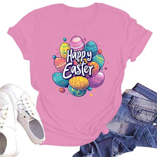 Happy Easter Women's Fashion Printed Round Neck Short Sleeve T-Shirt Pullover - Picture 25 of 33