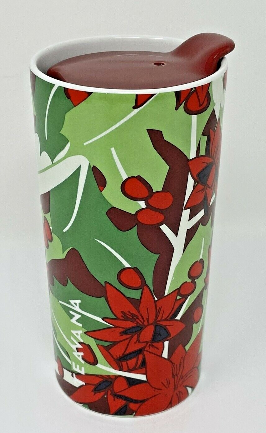 Teavana Poinsettia Holiday Christmas Ceramic Tumbler Travel Lid 10 oz