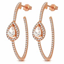 925 Sterling Silver Rose Gold-Tone Teardrop CZ Half-Hoop Oval Earrings, 1.20"
