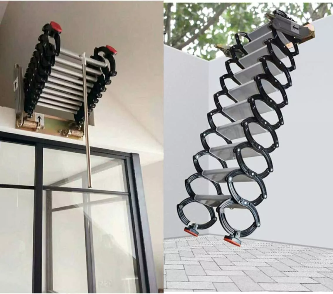 Black Attic Folding Ladder 8.2ft 9.8ft Narrow Wall Mounted Pull