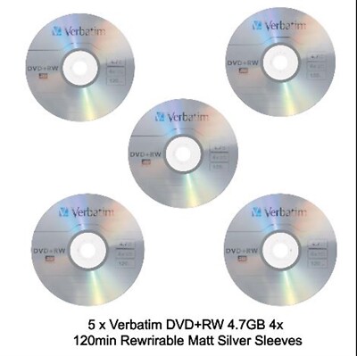5 x DVD-RW Verbatim 120min Rohlinge 4x Geschwindigkeit 4,7GB wiederbeschreibbar neu in Hüllen