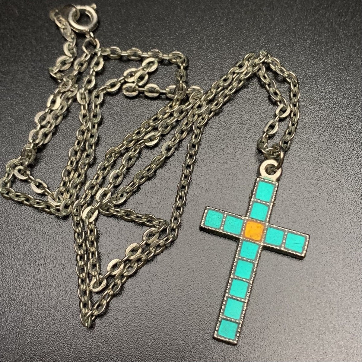 Teal Mosaic Look Enamel Cross Pendant Necklace Vintage Silver Tone Dainty