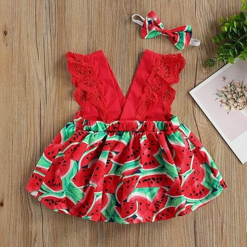 2PCS Baby Girls Toddlers Outfits Watermelon Romper Playsuit Headband Jumpsuit - Picture 2 of 10