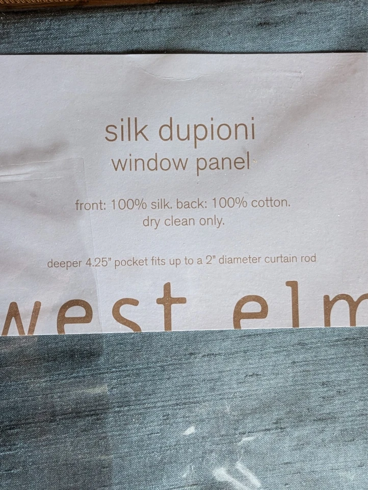 West Elm Dupioni Silk Curtains Drape 48x63 Slate Blue with Cotton Lining - Image 3 of 4