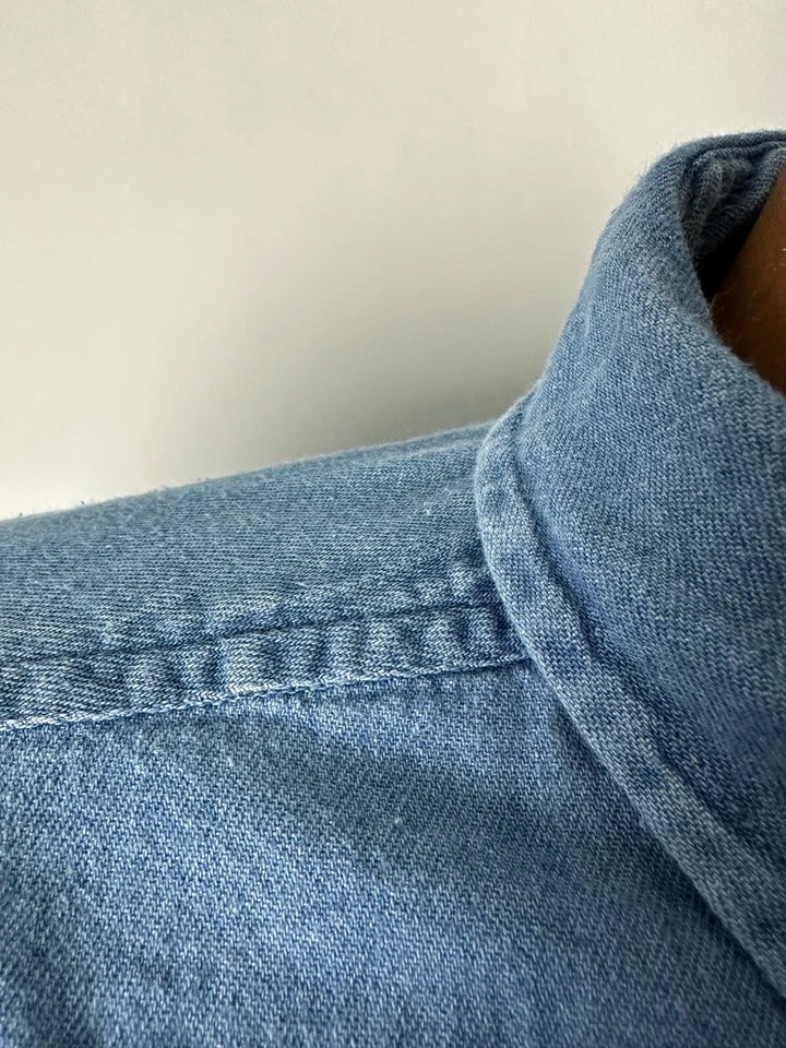 Vintage 90s Denim Shirt Men Large Button Down Outdoors Blue Distressed Greatland - Image 4 of 4