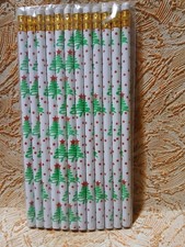Set Of 12 Christmas 2 Led Pencils With Erasers White Green Trees New In Package
