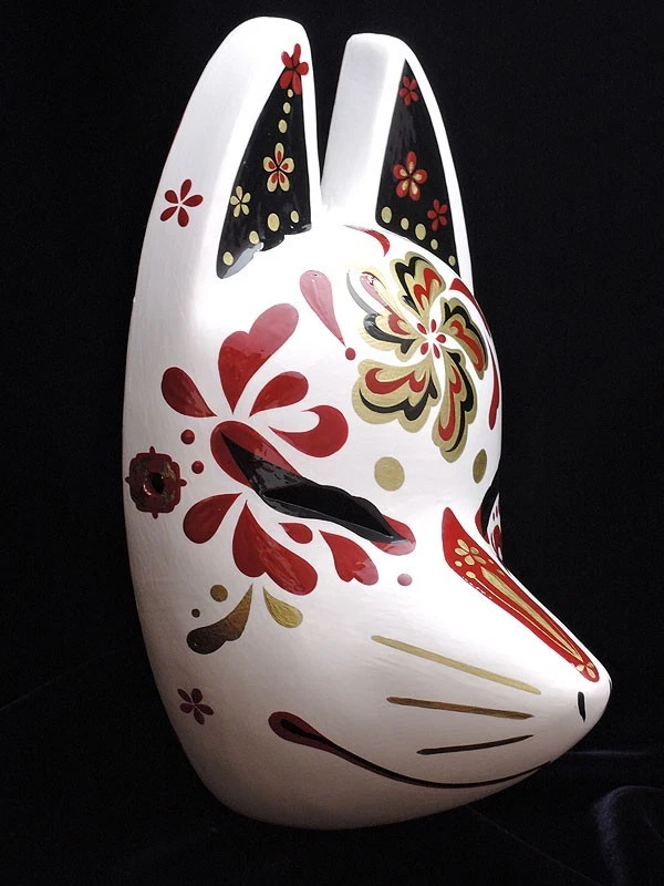 Japanese Ancient Kitsune Fox Mask -Shuka- Hand Painted Komendo Crimson Gold - Image 4 of 4