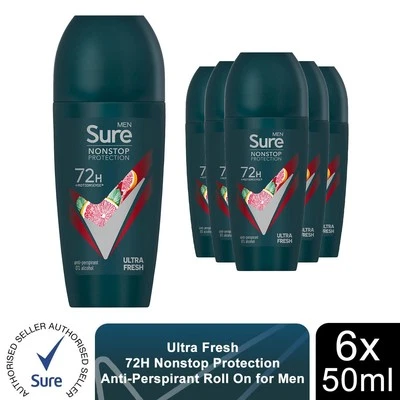 Sure Men Antiperspirant Deo Roll On 72H Nonstop Protection Ultra Fresh 50ml, 6pk
