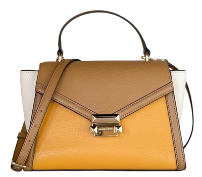 新品 MICHAEL KORS ケース ブラウン/イエロー Michael Kors Whitney MD Flap Top Handle Shoulder Bag Color-Block