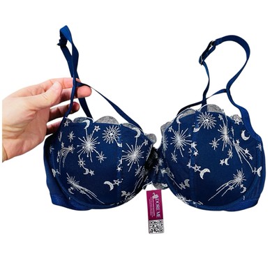 NWT ADORE ME Stars & Moon Cage Balconette Bra Size 36C Underwire Padded Blue