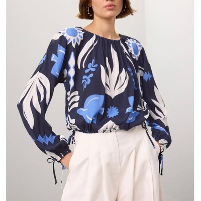 Fifteen Twenty Blue Floral Peasant Top LARGE Unique Pattern USA Designer $240