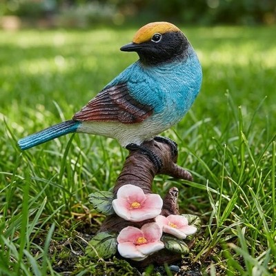 Outdoor Blue Bird Statue on Branch with Flowers - Garden Decor & Gifts