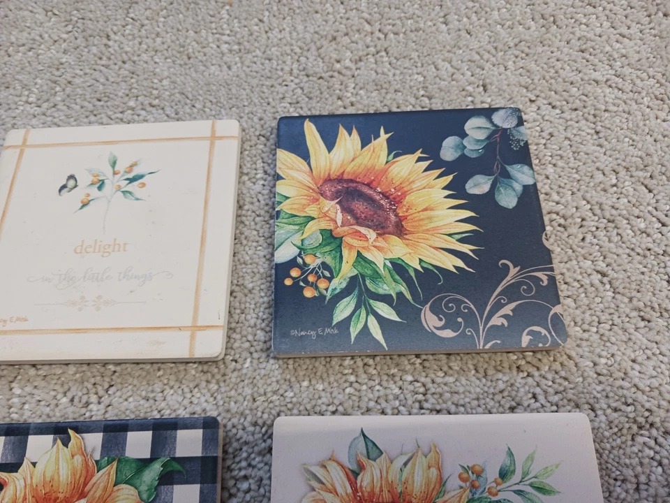 Nancy E 水貂向日葵印花手动吸水石杯垫礼品 4 件套 — 第 3/4 张图片