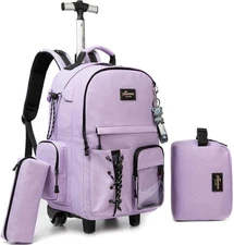 Rolling Backpack for School w/Lunch Bag, Pencil Case, Purple Glitter, Wheeled