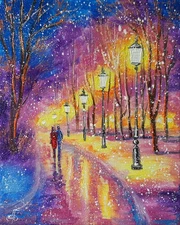 Original Oil Winter Couple Painting Canvas Snow Park Scene Colorful Street Art