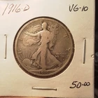 antique 1916-D Liberty Walking Half Dollar 50C Silver Very Good-10 Denver