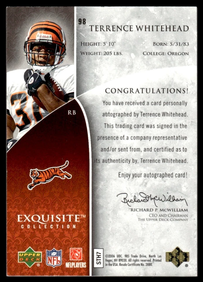 2006 Upper Deck Exquisite Collection Terrence Whitehead Rookie Auto 126/150 - Image 2 of 2