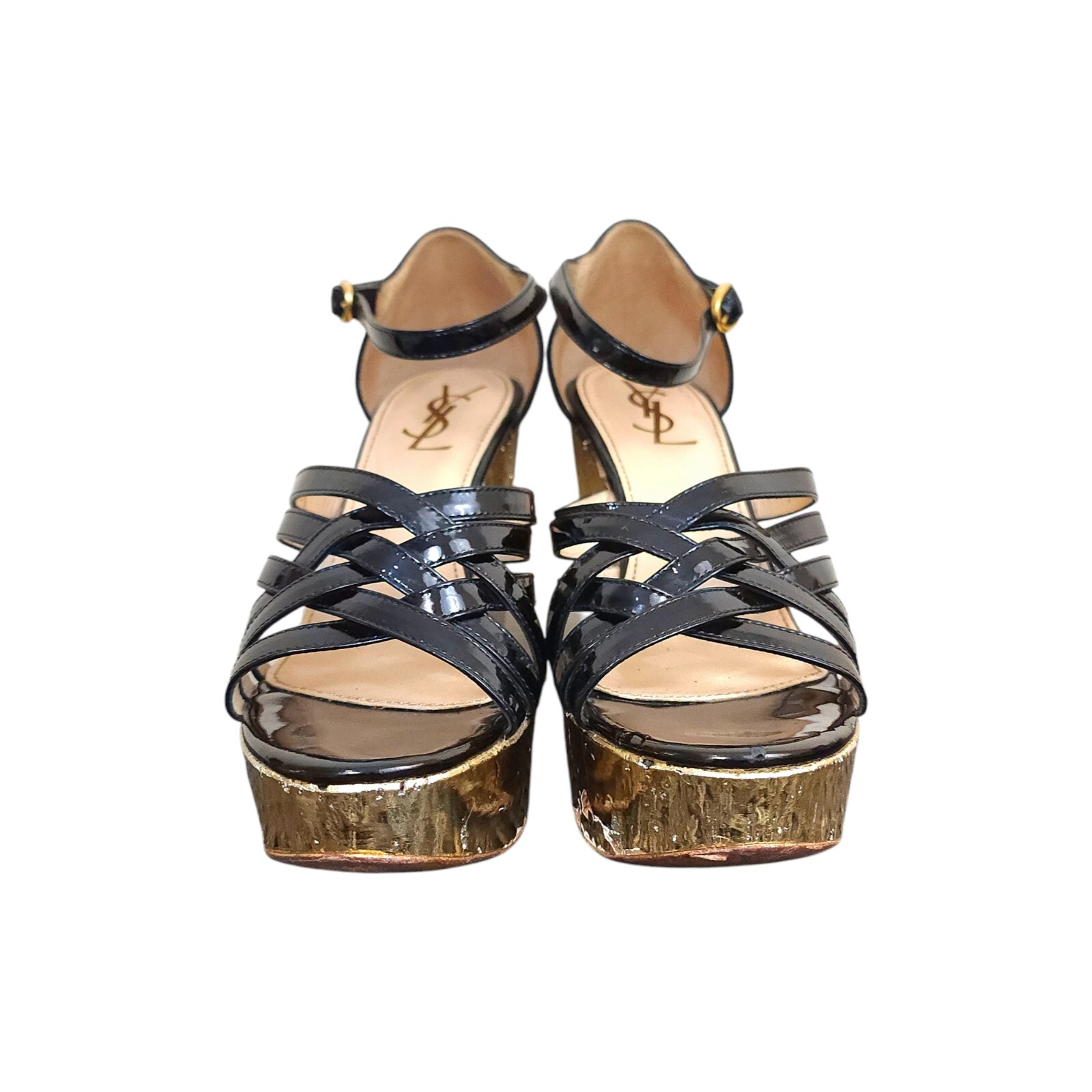 Sandali donna Yves Saint Laurent YSL neri con cinturino e zeppa oro taglia UK 3 5