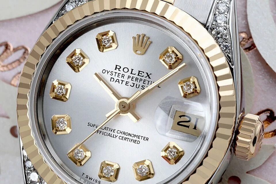 Rolex Datejust 26 mm plata esfera diamante dos tonos reloj correa Jubilee Foto 3 de 4