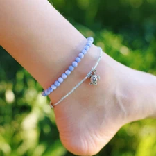 Natural 3mm Blue Lace Agate Ankle Bracelet Healing Stone Dainty Anklet Jewelry