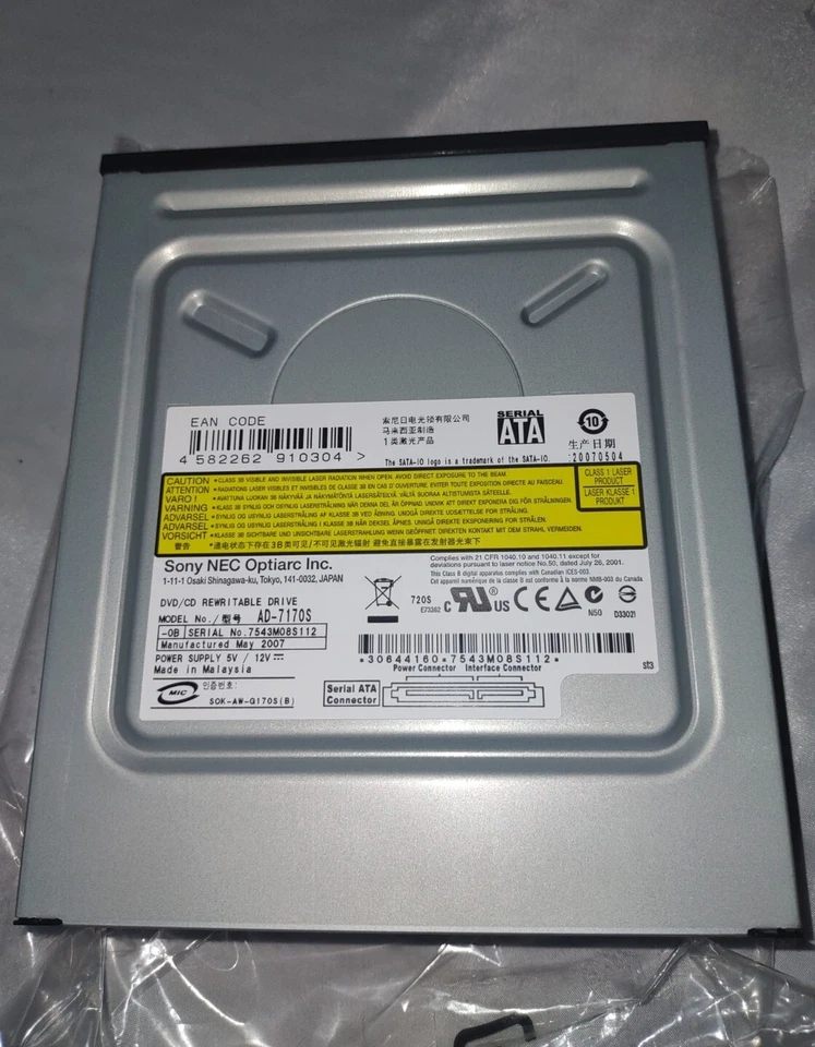 Sony Nec DVD Burner SATA Internal D. 3.5" DVD+RW Model AD-7170S Excellent W C - Image 2 of 4