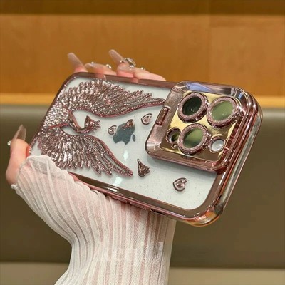 Luxury Peacock Diamond Camera Holder phone Case For iPhone 15 Pro 14 12 11 13
