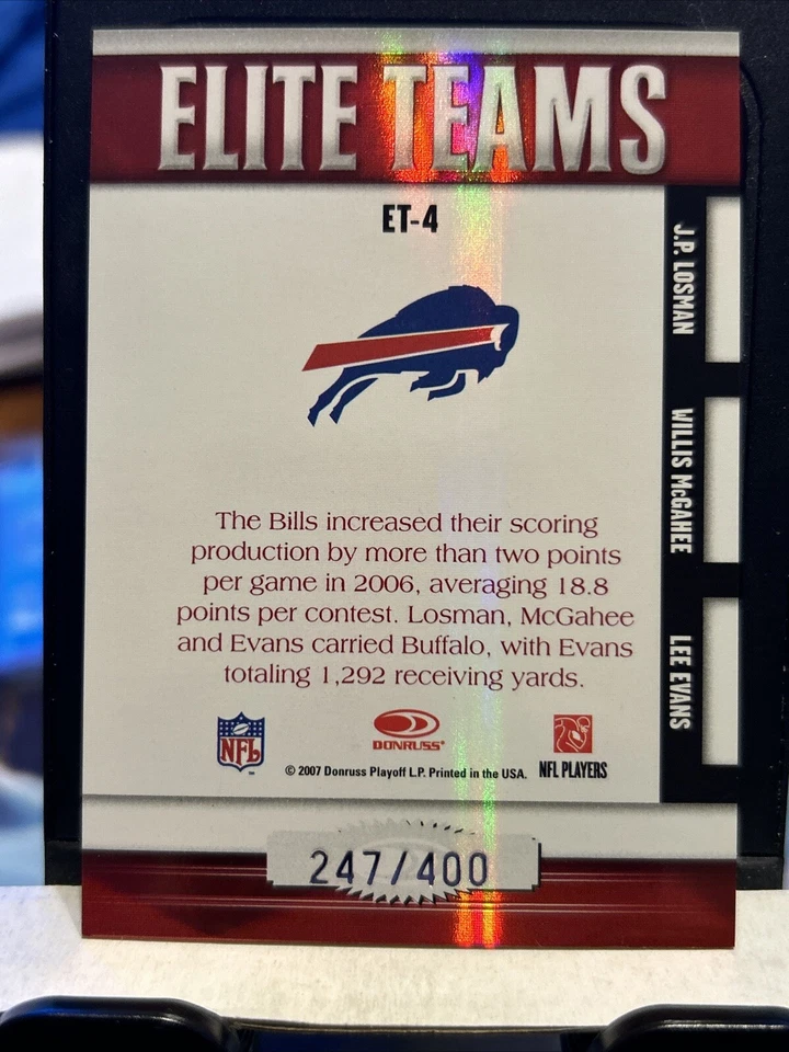 2007 Donruss Elite Teams Red /400 Willis McGahee JP Losman Lee Evans #ET-4 - Image 2 of 2