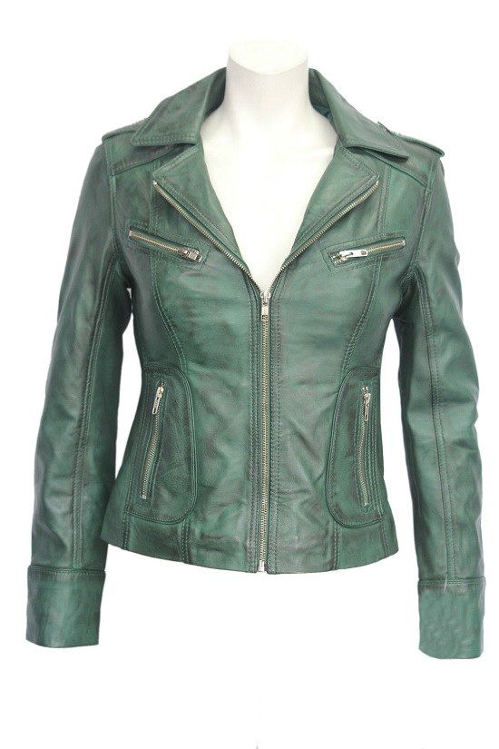 NOORA Damas y Mujeres Verde Retro Moda Modelo Diseñador Chaqueta de Cuero Suave