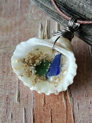 Green & Blue Sea Glass & Shell Necklace Surf Hawaii Beach Teen Boho Unique Sand