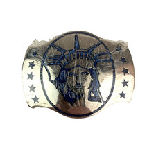Vintage Statue Of Liberty Silver Plate Blue Metal Resin Belt Buckle ADM New