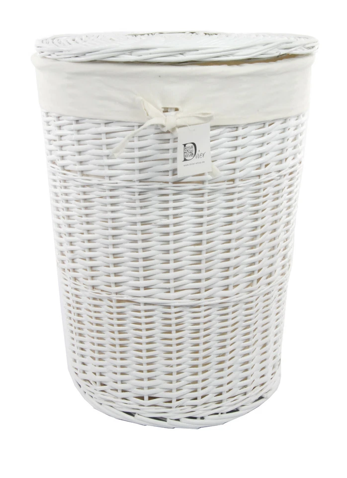 Wäschekorb Wäschetonne weiß rund weide m. Bezug Deckel  60L D.39 H.55  - Bild 2 von 4