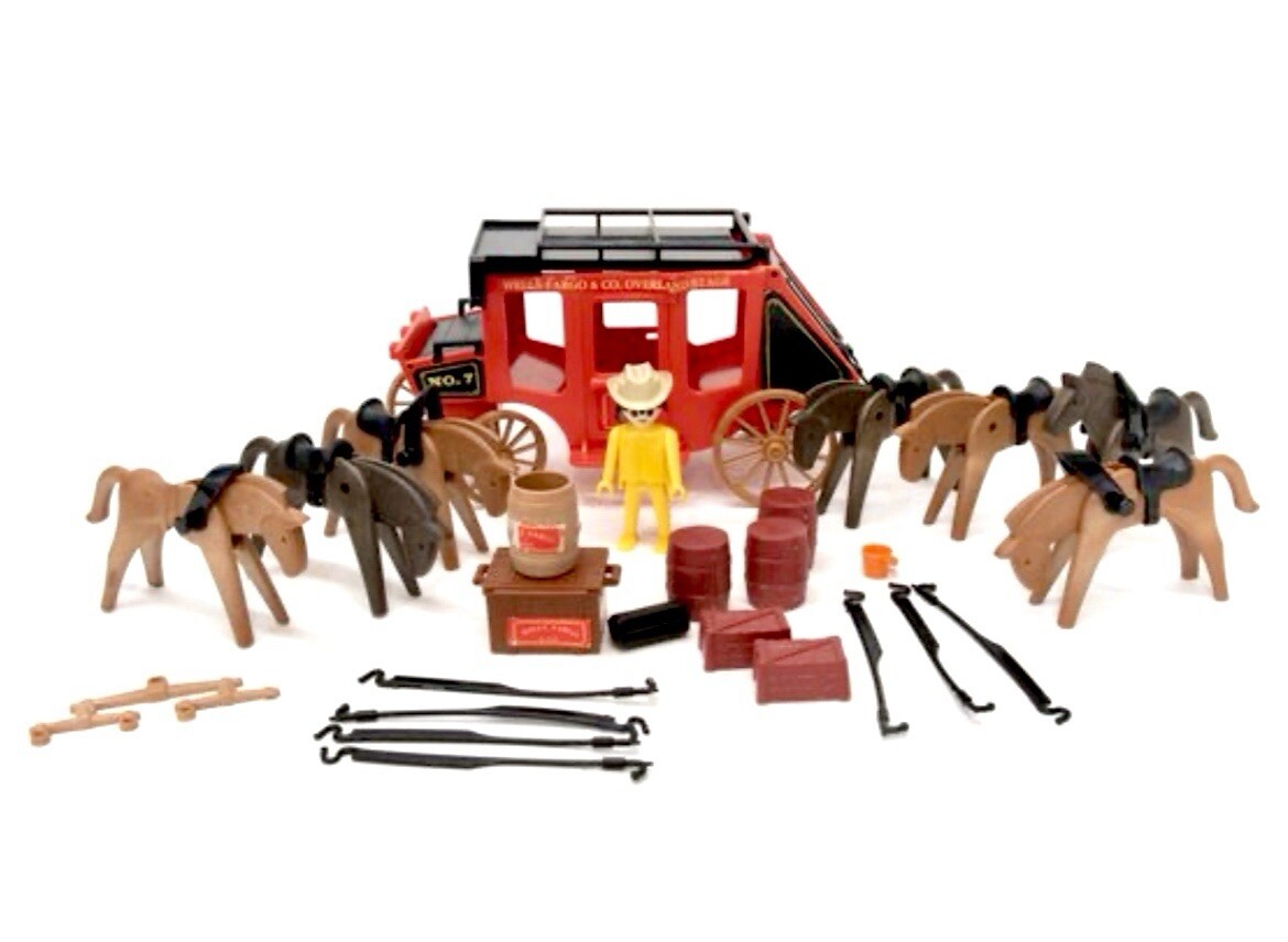 1964 Vintage Playmobil Wells Fargo Stagecoach, Horses, People, & Accessories