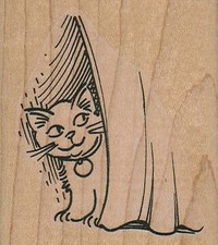 Cat Behind Curtain Rubber Stamp 2 1/4 x 2 1/2", Cat Stamp, Cute Cat Stamp, Kitty