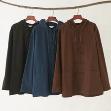 Men Ethnic Tops Shirt Jacket Coat Cardigan Ramie Hooded Retro Frog Button