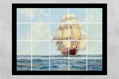 1 Piece ceramic tile mural backsplash. Sail ship cutter Fine Voyage White star