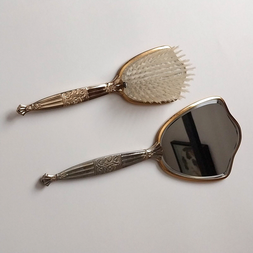 Antique Vintage Metal Floral Design Gold Vanity Mirror and Hair Brush